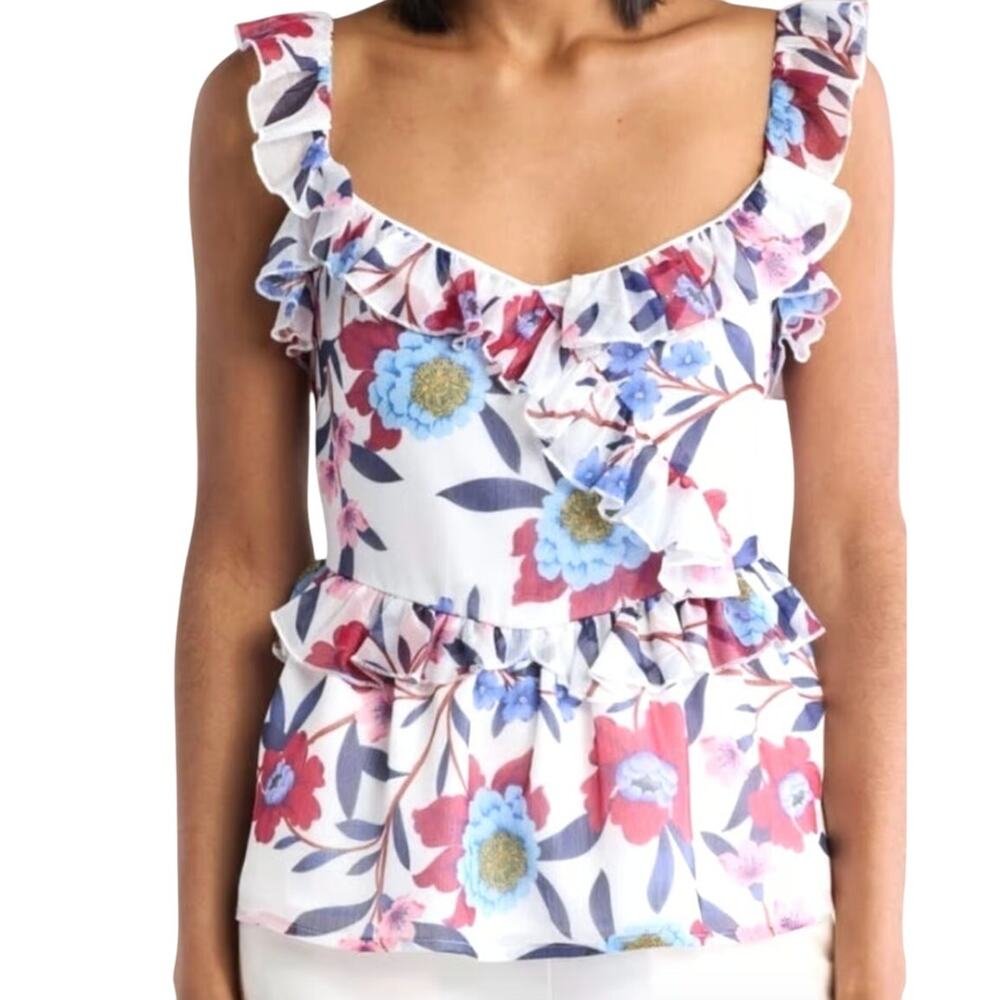 French Connection Aden Bai Lurex Frill Ruffle Cami Top Women's 8 Floral Sparkle